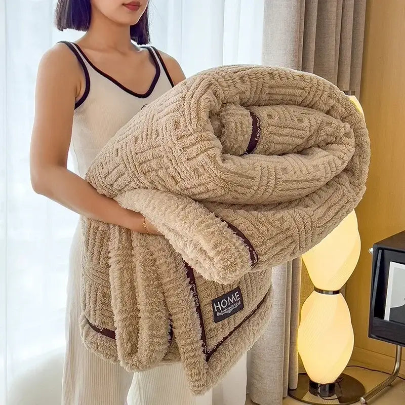 Beige textured cozy fluffy fleece blanket with knit pattern dark brown trim and home label patch for decorbites cozy decor