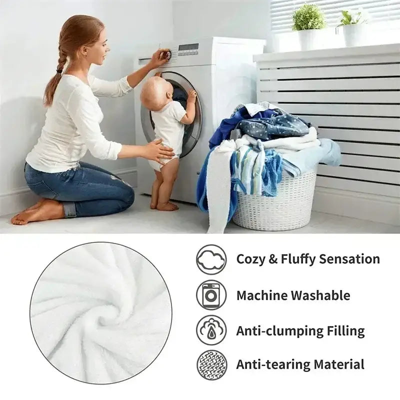 Beige textured cozy fluffy fleece blanket with trim featuring white fluffy machine-washable anti-clumping filling