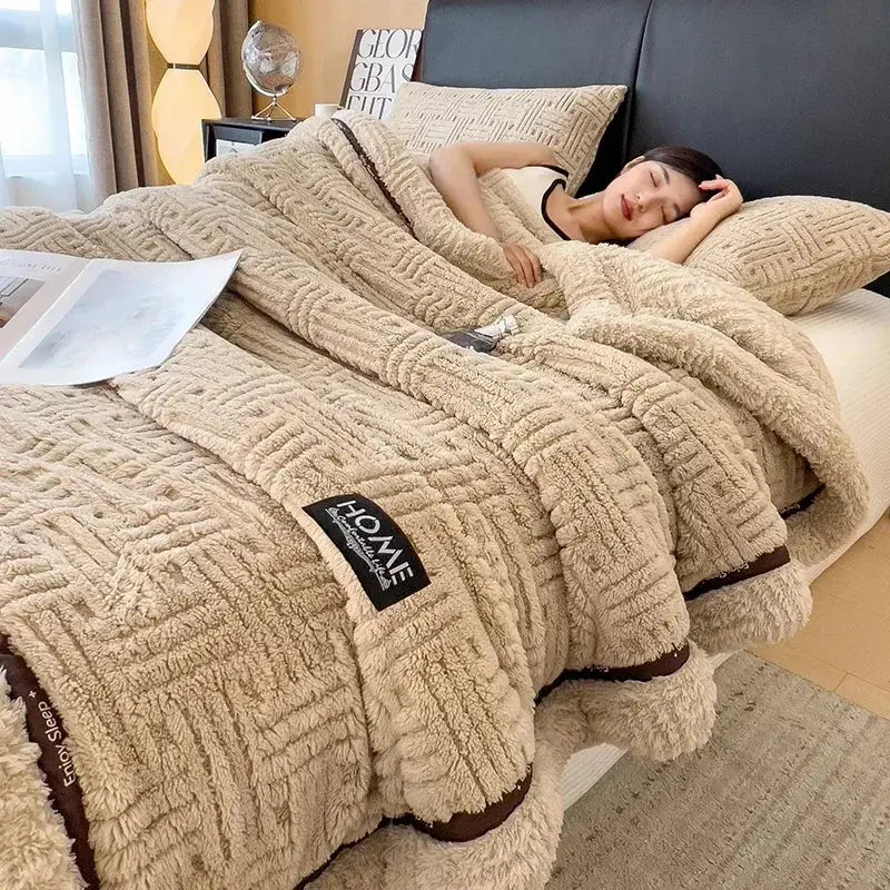 Beige textured cozy fluffy fleece blanket with woven pattern and brown trim decorbites cozy fluffy bedroom throw