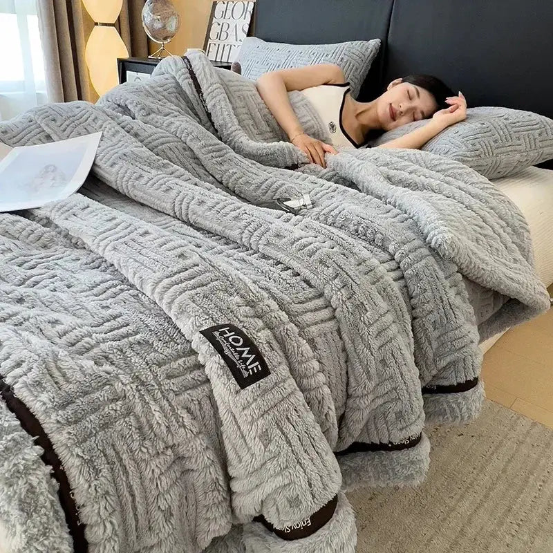 Beige textured cozy fluffy fleece blanket with dark brown trim and woven pattern for decorbites cozy decor