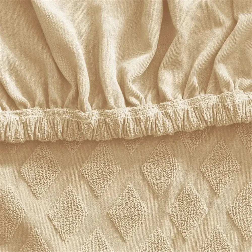 Beige textured jacquard elastic seat cover with diamond weave and white zipper for dining room chair decorbites seat covers