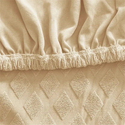 Beige textured jacquard elastic seat cover with diamond weave and white zipper for dining room chair decorbites seat covers
