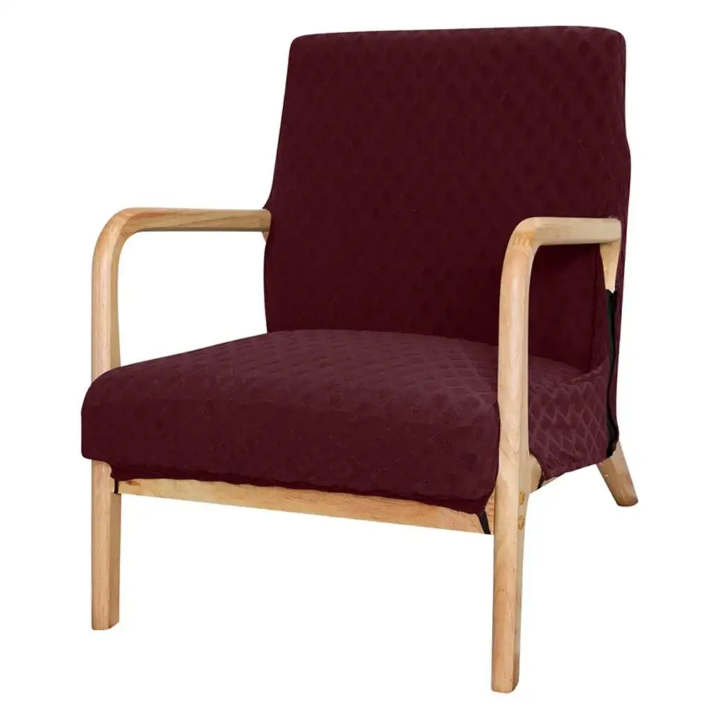 Maroon upholstered armchair with light wood frame and curved arms featuring beige textured jacquard elastic seat covers decorbites decor