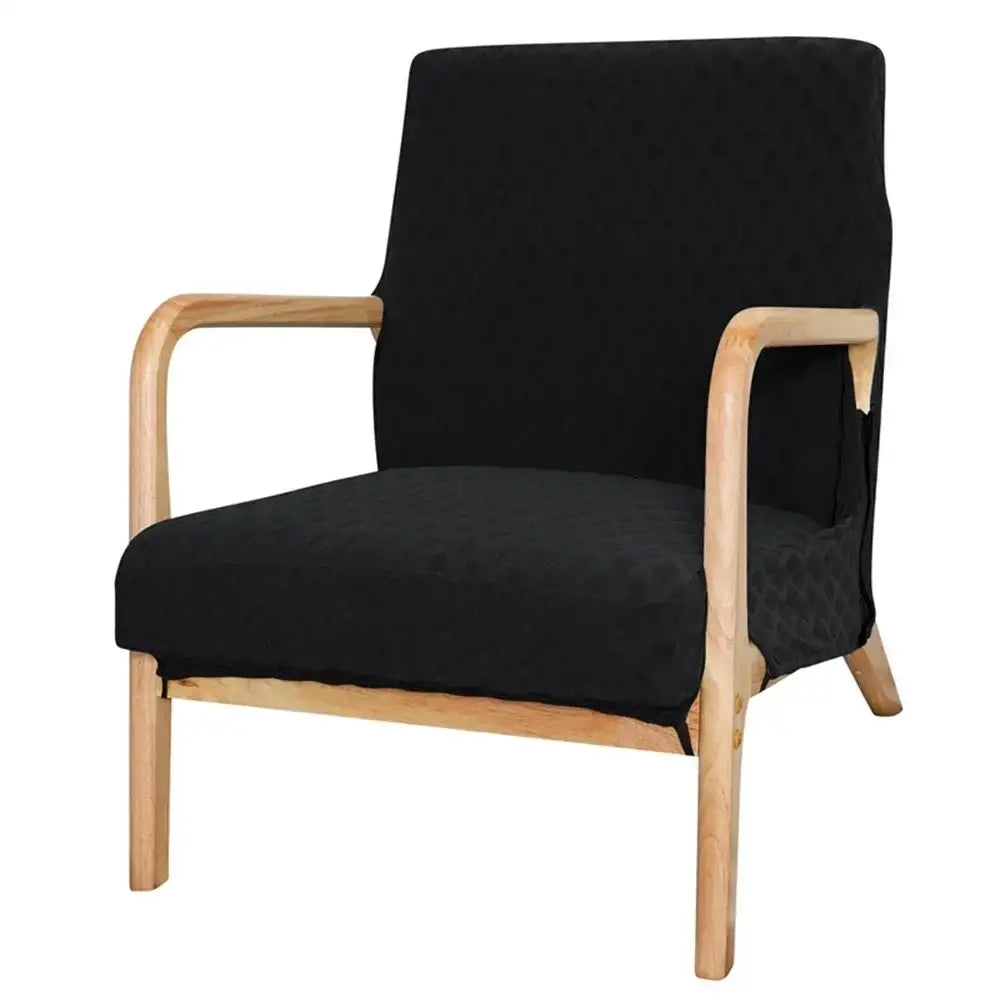 Black upholstered armchair with light wood frame and curved arms featuring beige textured jacquard elastic seat covers decorbites