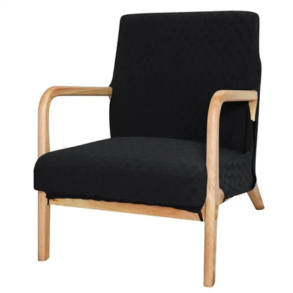 Black upholstered armchair with light wood frame and curved arms featuring beige textured jacquard elastic seat covers decorbites