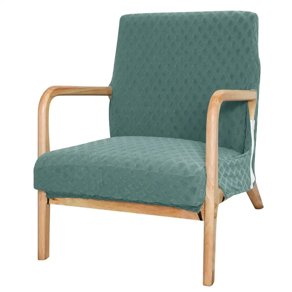 Teal quilted fabric armchair with light wood frame featuring beige textured jacquard elastic seat covers decorbites jacquard elastic seat
