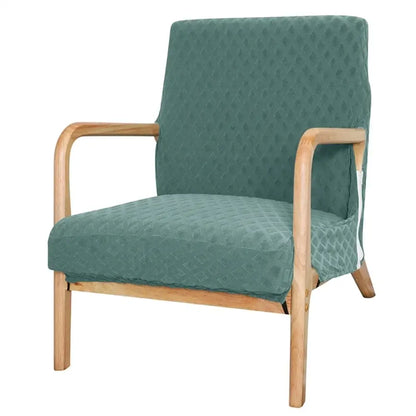 Teal quilted fabric armchair with light wood frame featuring beige textured jacquard elastic seat covers decorbites jacquard elastic seat