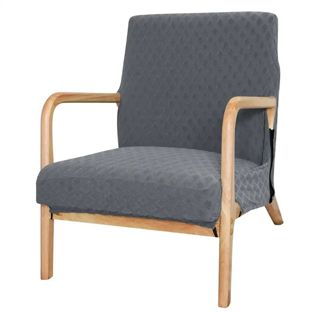 Gray quilted fabric armchair with light wood frame featuring decorbites jacquard elastic seat cover for dining chair decor