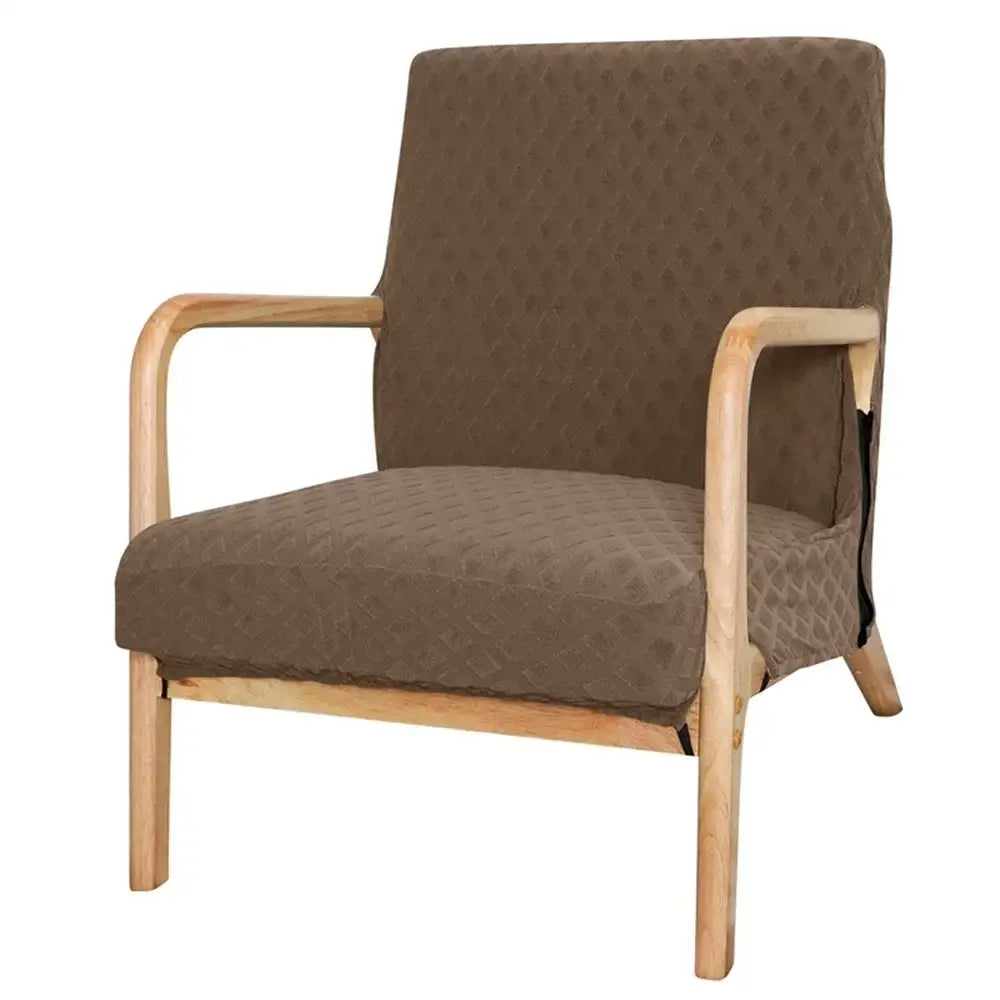 Brown quilted fabric armchair with light wood frame featuring decorbites jacquard elastic seat cover for dining room decor