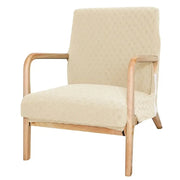 Beige upholstered armchair with jacquard elastic seat cover in subtle textured fabric and light wood frame decorbites seat covers