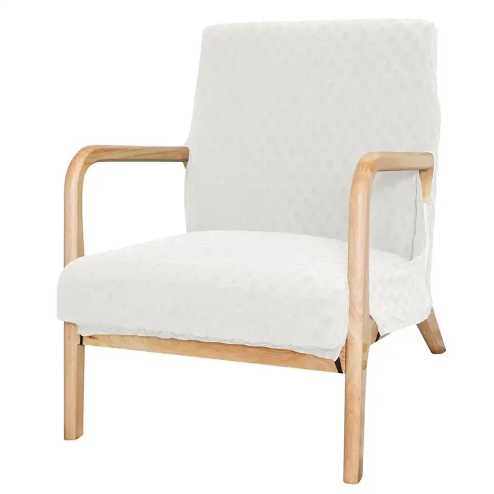 White upholstered armchair with light wood frame and curved arms featuring beige textured decorbites jacquard elastic seat covers