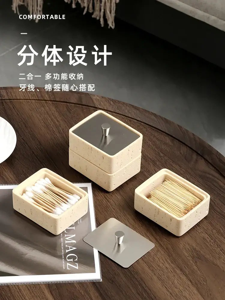 Beige textured natural stone double decker jewelry organizer with ceramic speckled toothpick and cotton swab holder and silver lid