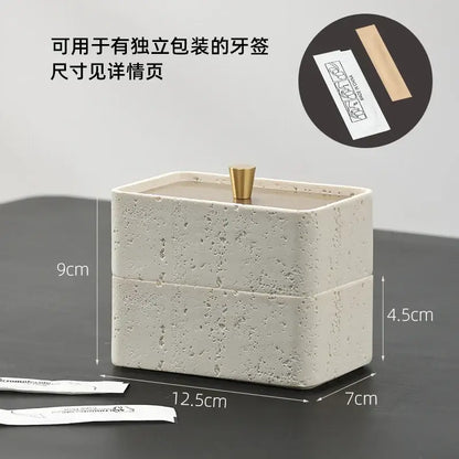 Beige textured natural stone double decker jewelry organizer with cream toothpick holder and gold-toned lid