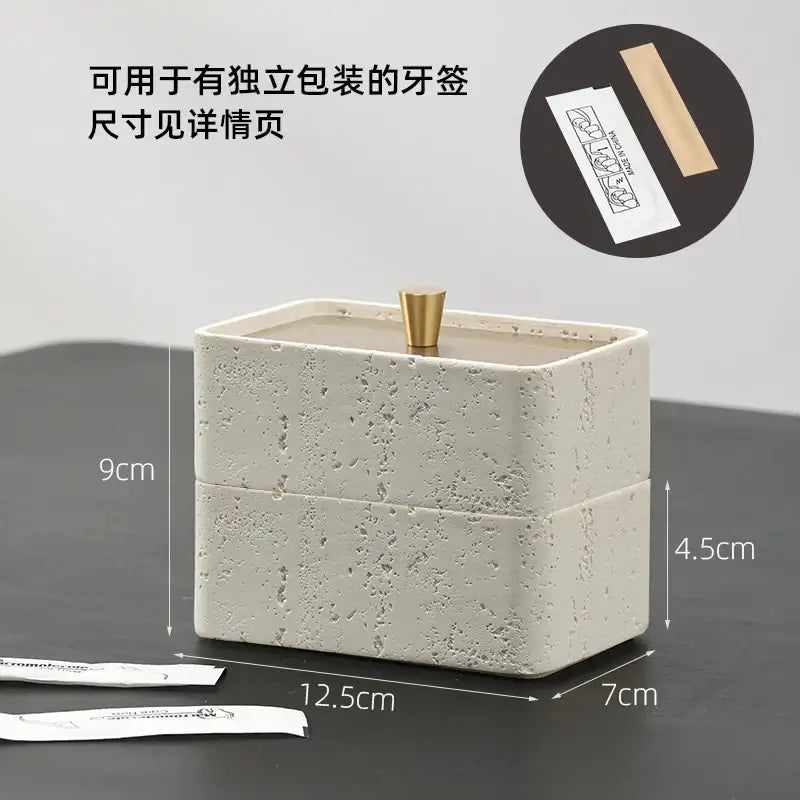 Beige textured natural stone double decker jewelry organizer with cream toothpick holder and gold-toned lid