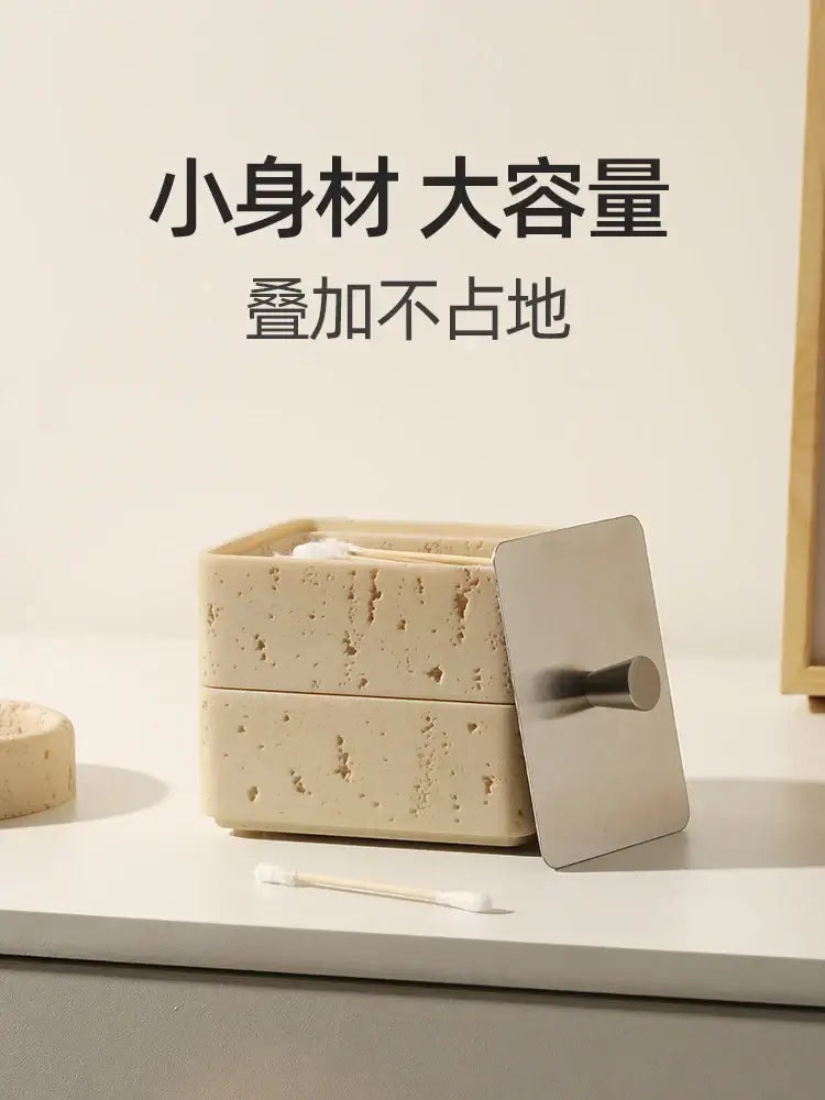Beige textured natural stone double decker jewelry organizer with sleek silver metal lid for bathroom use