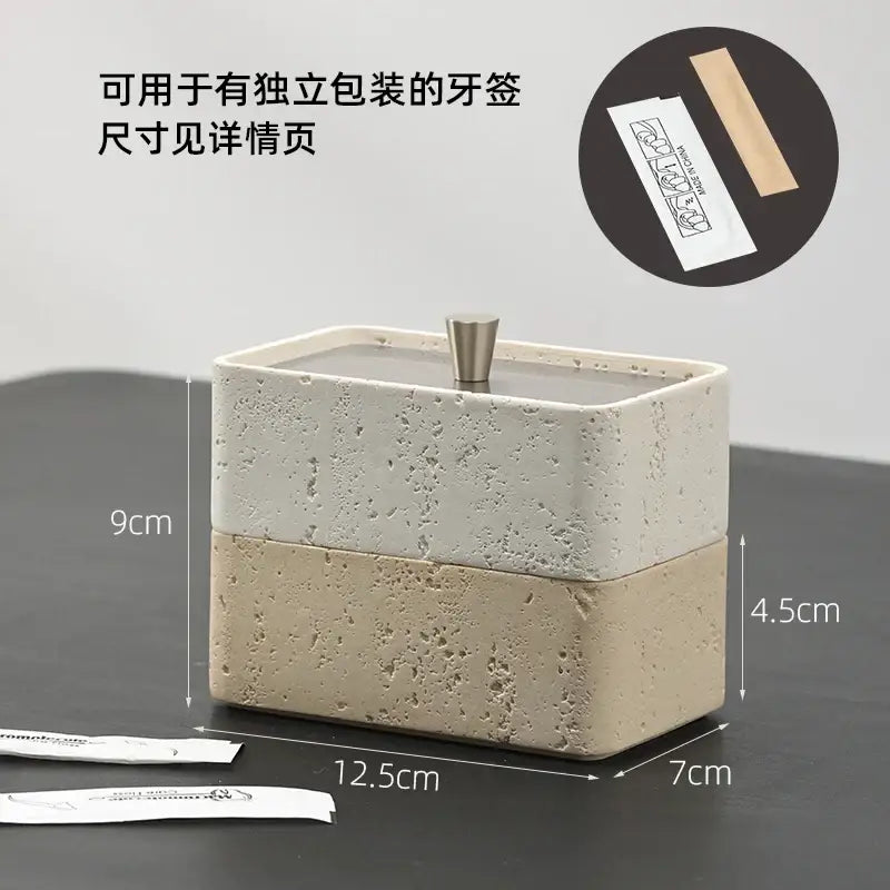 Beige and white textured natural stone double decker jewelry organizer with metallic silver lid for bathroom use