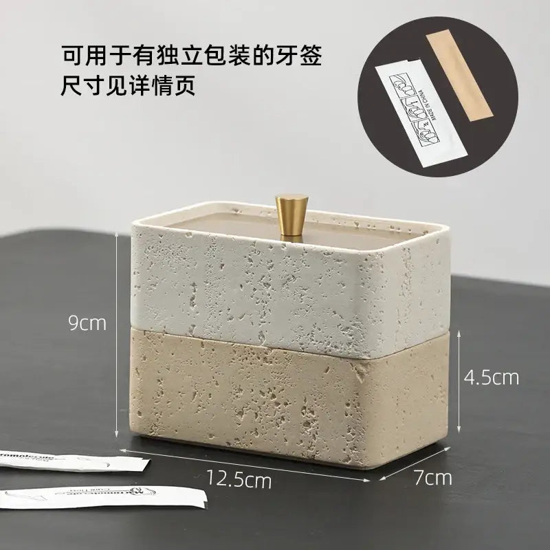 Beige natural stone double decker jewelry organizer with textured ceramic toothpick holder and gold-tone lid knob