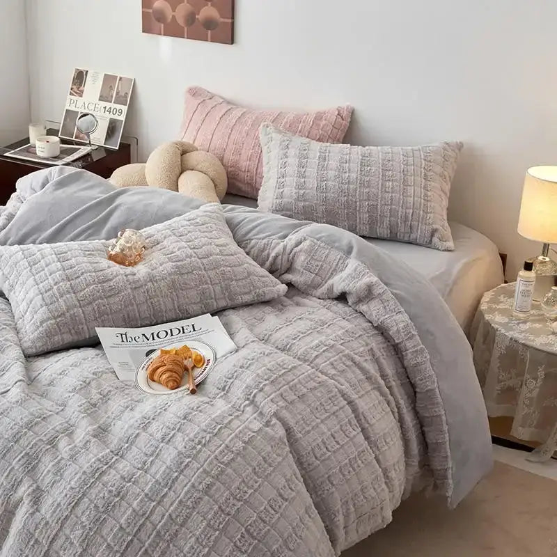 Soft gray quilted duvet bedding set in rabbit velvet with cozy textured fabric for decorbites cozy rabbit bedroom comfort