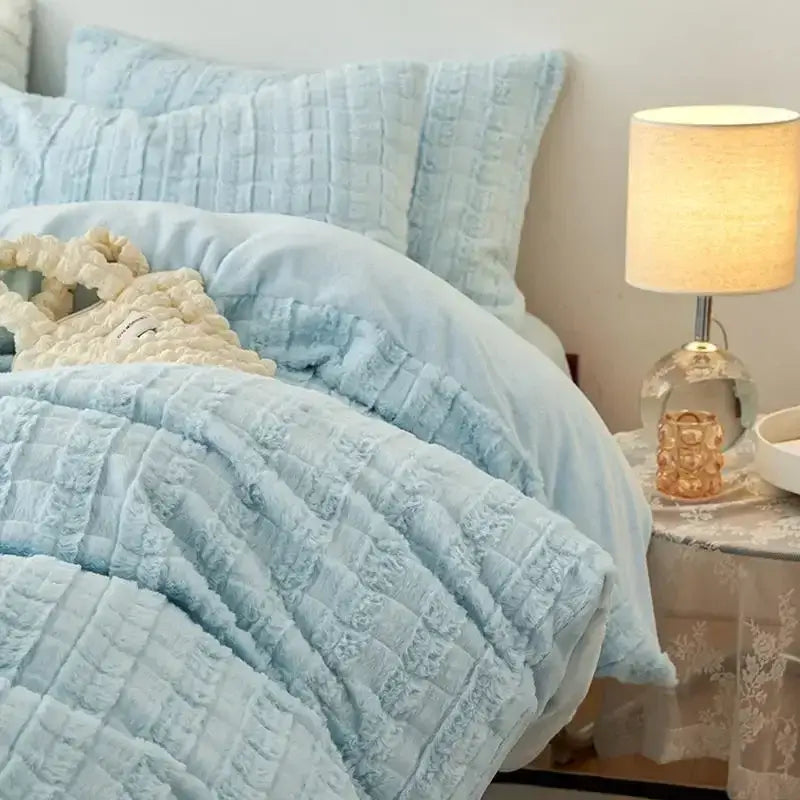 Light blue quilted bedspread with ruffled fabric finish from beige textured quilted rabbit velvet bedding set decorbites cozy rabbit