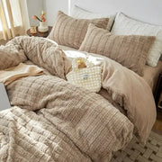 Beige textured quilted rabbit velvet bedding set with matching pillows and soft cozy decorbites cozy rabbit fabric finish