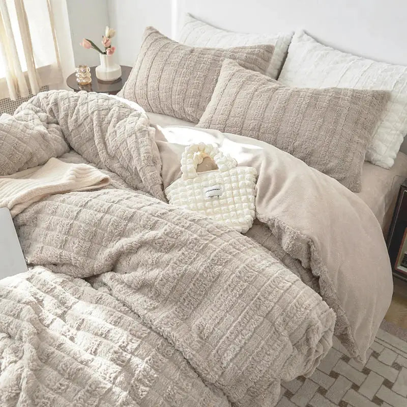 Beige textured quilted rabbit velvet bedding set with cream-colored plush fabric and matching pillows for bedroom comfort decorbites cozy rabbit