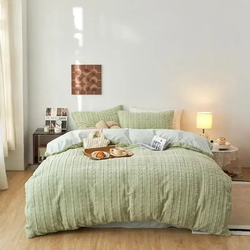 Soft mint green textured quilted duvet cover bedding set with matching pillowcases featuring rabbit velvet for decorbites cozy rabbit
