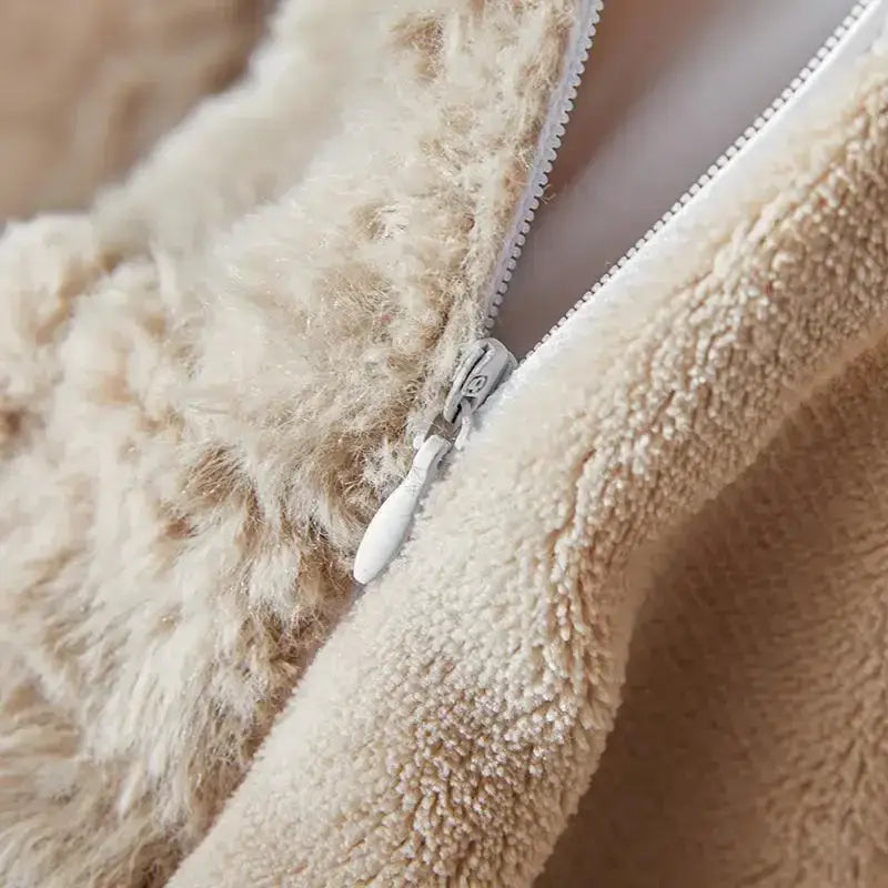 Beige plush fleece jacket with white zipper pull complementing decorbites cozy rabbit velvet bedding set design