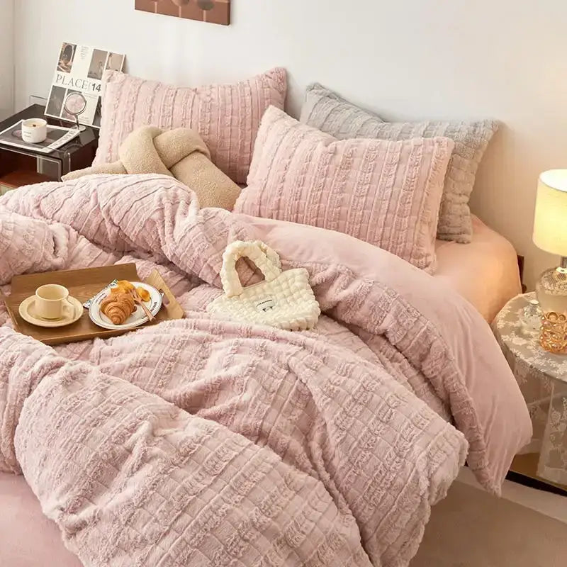Soft pink textured quilted bedding set with rabbit velvet material and a cream knit handbag for decorbites cozy rabbit comfort