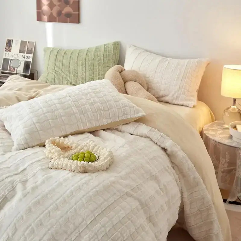 Beige textured quilted bedding set with cream-colored rabbit velvet surface for decorbites cozy rabbit comfort