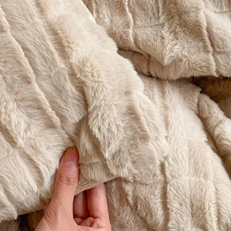 Beige textured quilted rabbit velvet bedding set with plush faux fur fabric for decorbites cozy rabbit bedroom comfort