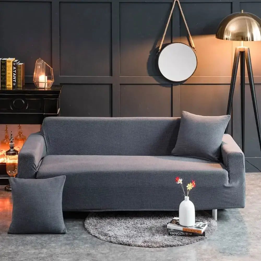 Gray textured quilted sofa cover with matching throw pillows by decorbites 3d quilted for living room decor
