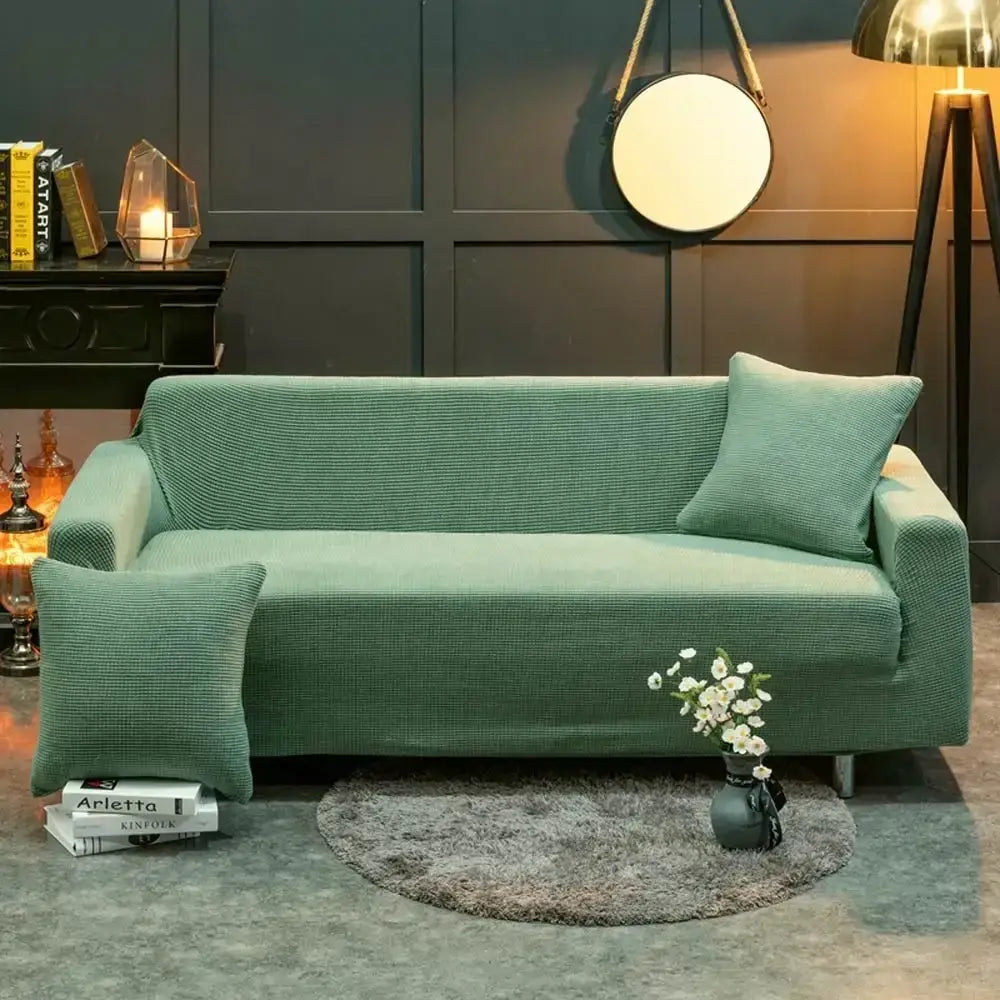 Teal corduroy quilted sofa cover with matching throw pillows for living room by decorbites 3d quilted sofa cover