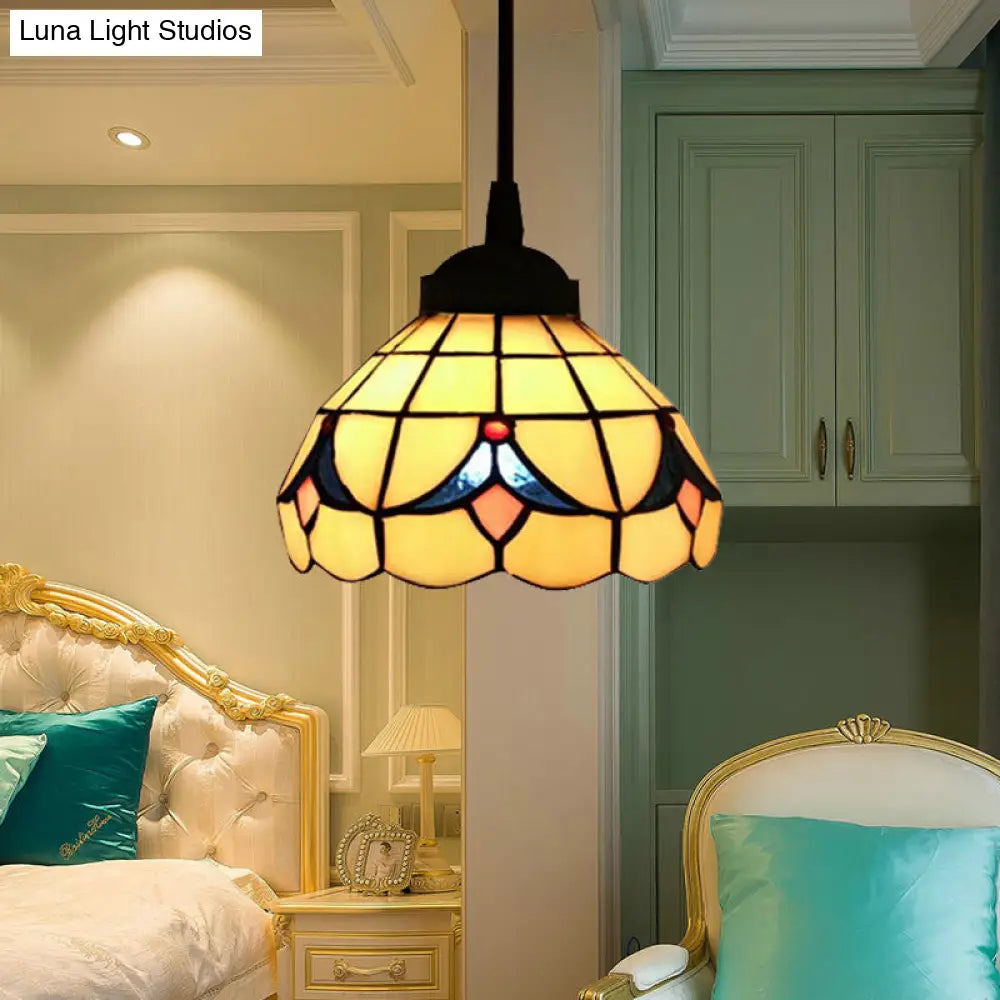 Beige Tiffany Cut Glass Flower Hanging Light Fixture with 1 Light - Perfect Pendant for Bedroom