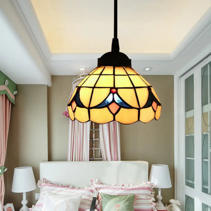 Beige Tiffany Cut Glass Flower Hanging Light Fixture with 1 Light - Perfect Pendant for Bedroom