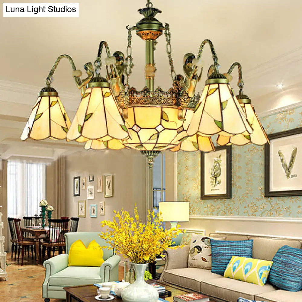 Lámpara de araña colgante DecorBites™ de cristal tallado Tiffany color beige - 9/11 luces, lámpara colgante cónica con decoración de sirena