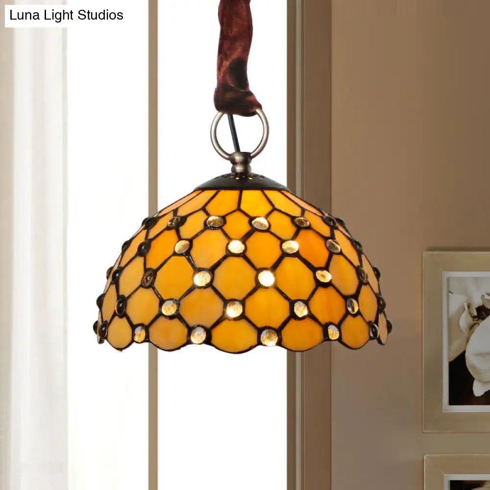 Beige Tiffany Glass Bowl Suspension Lamp: Elegant 1-Bulb Ceiling Light Fixture with Jewel Deco