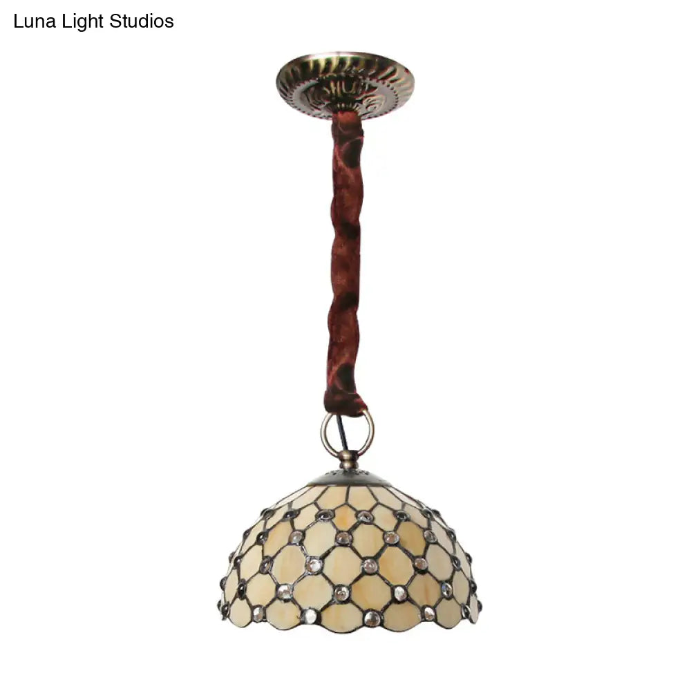 Beige Tiffany Glass Bowl Suspension Lamp: Elegant 1-Bulb Ceiling Light Fixture with Jewel Deco