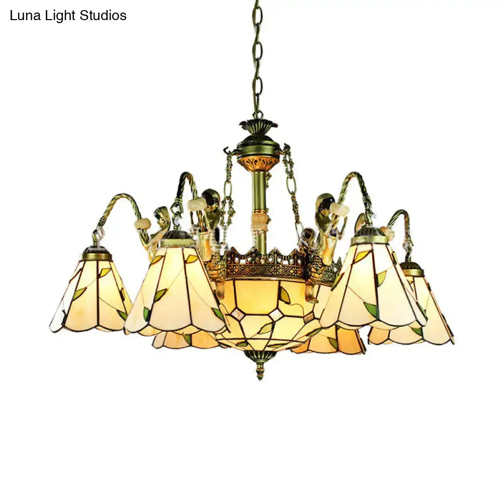 Decorbites beige antique brass chandelier with eight stained glass tiffany cut glass shades and conical hanging light design