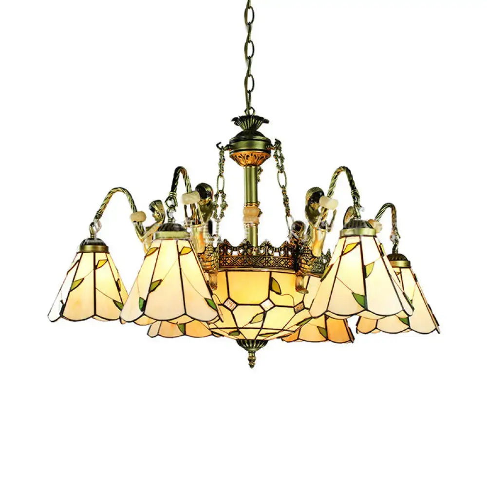 Decorbites beige tiffany cut glass pendant chandelier with antique brass finish and stained glass leaf shades