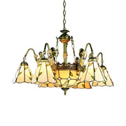 Decorbites beige tiffany cut glass pendant chandelier with antique brass finish and stained glass leaf shades