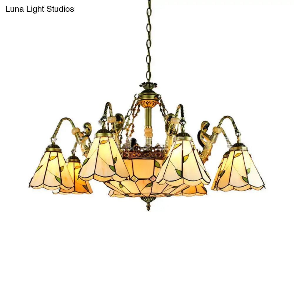 Antique brass-finished DecorBites™ chandelier with eight stained glass tiffany cut glass shades and conical hanging light design