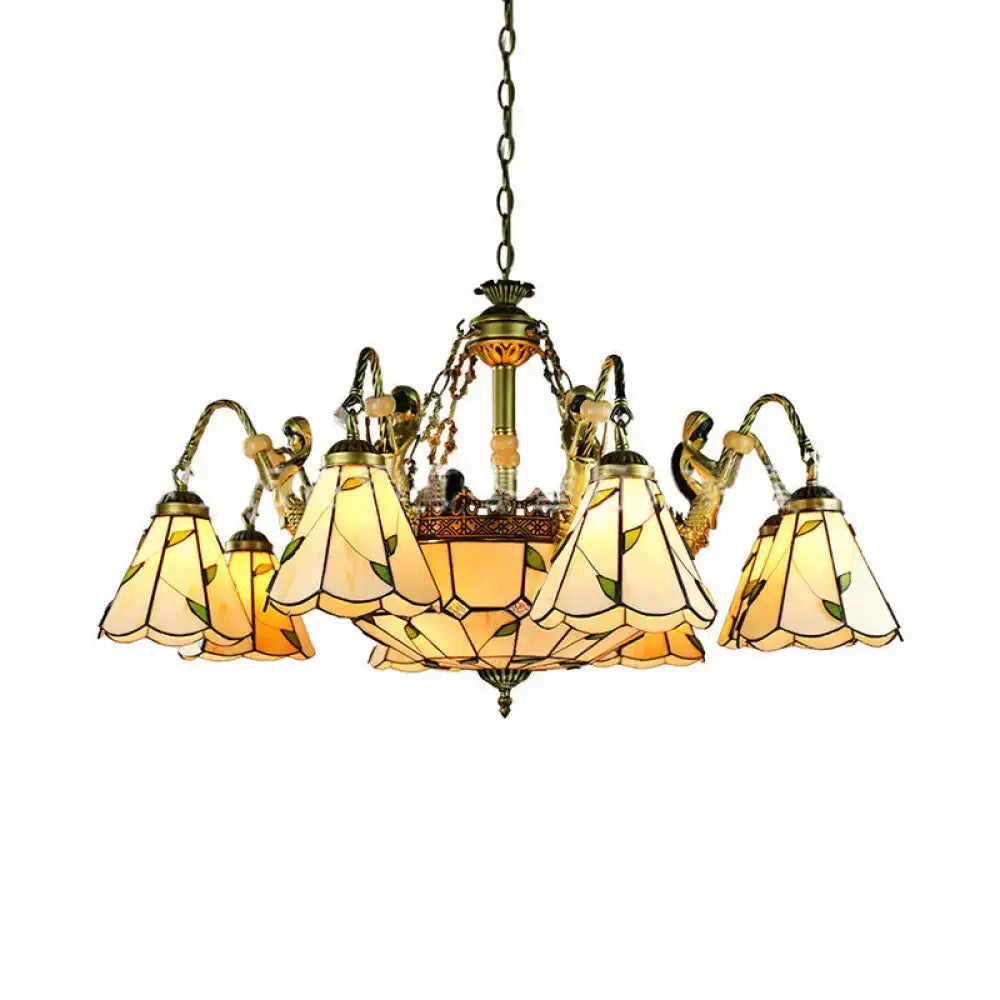 Decorbites beige tiffany cut glass pendant chandelier with antique brass finish and stained glass conical hanging light shades