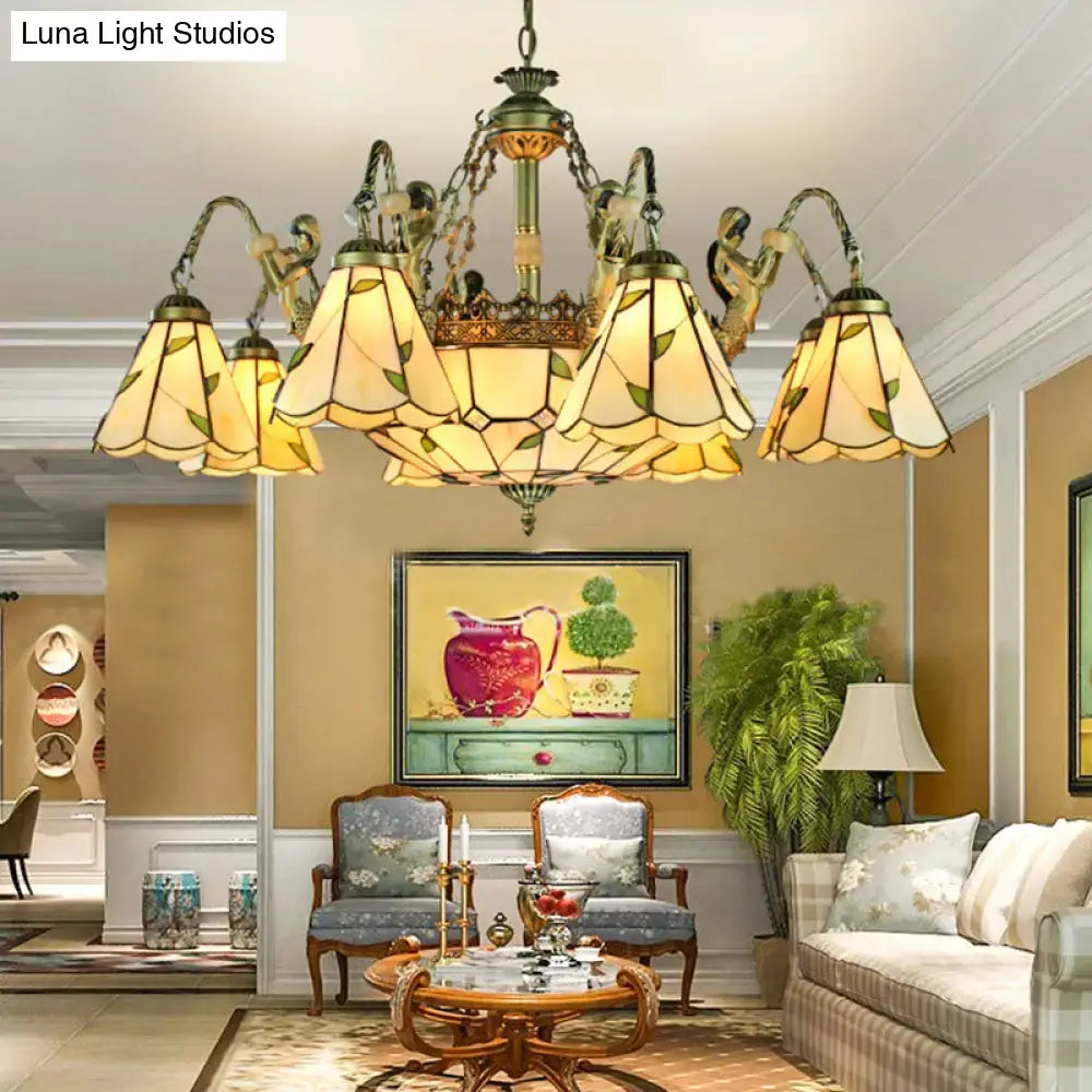 DecorBites™ beige tiffany cut glass pendant chandelier with antique brass finish and stained glass conical hanging light shades