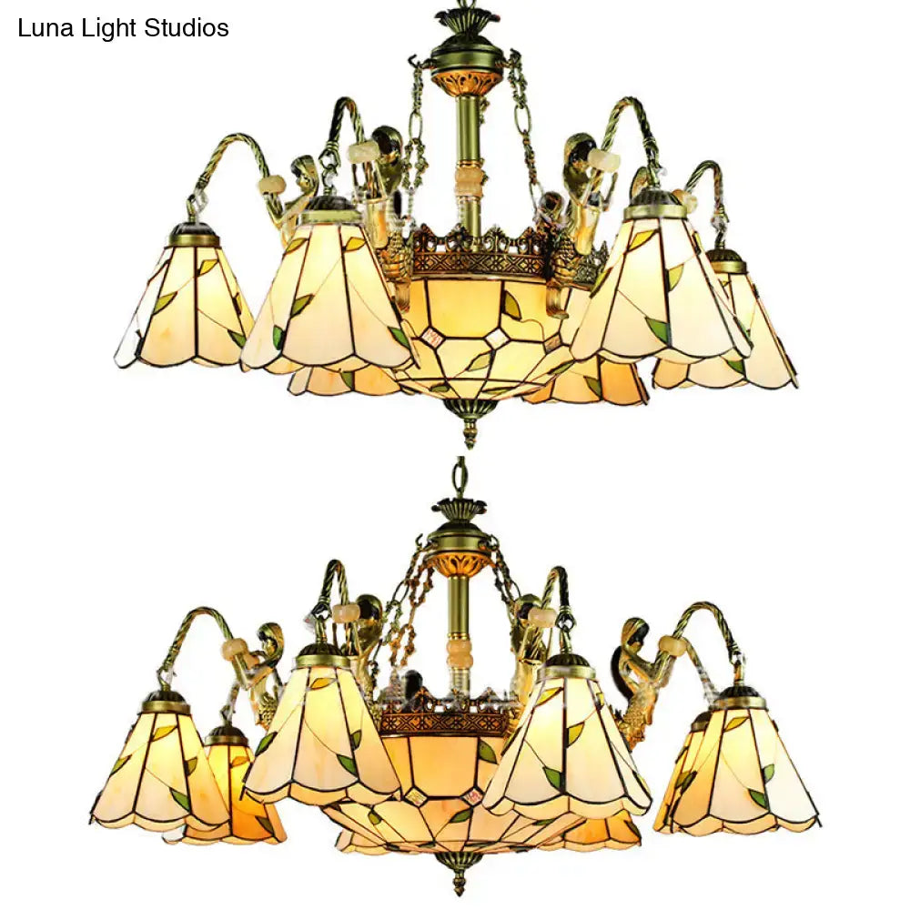 Beigedecorbites tiffany cut glass chandelier with six stained glass amber and green leaf shades in conical hanging light design