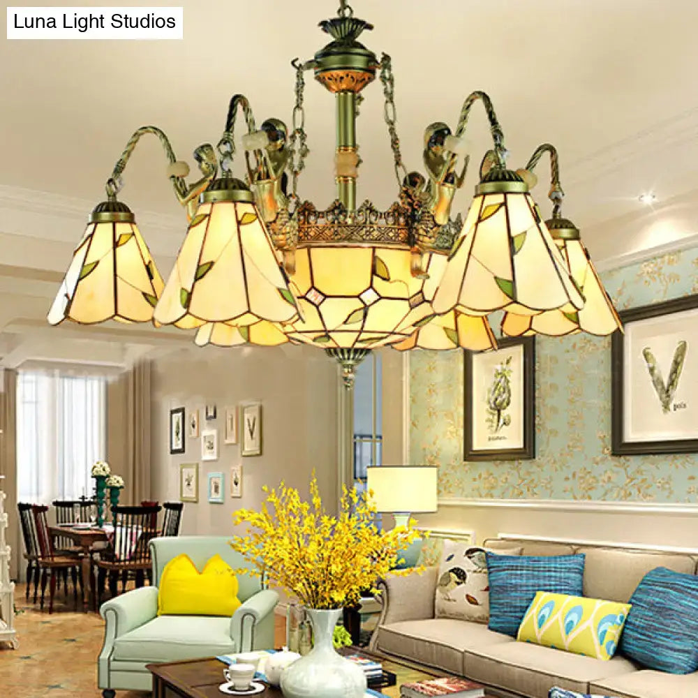 DecorBites™ beige Tiffany cut glass pendant chandelier with six stained glass amber and green shades and conical hanging light design