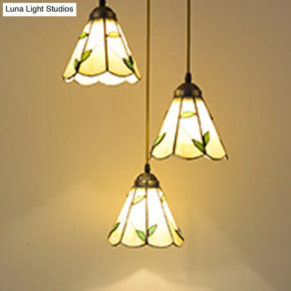 Beige Tiffany Stained Glass Suspension Lighting - 3-Bulb Cluster Pendant for Dining Room