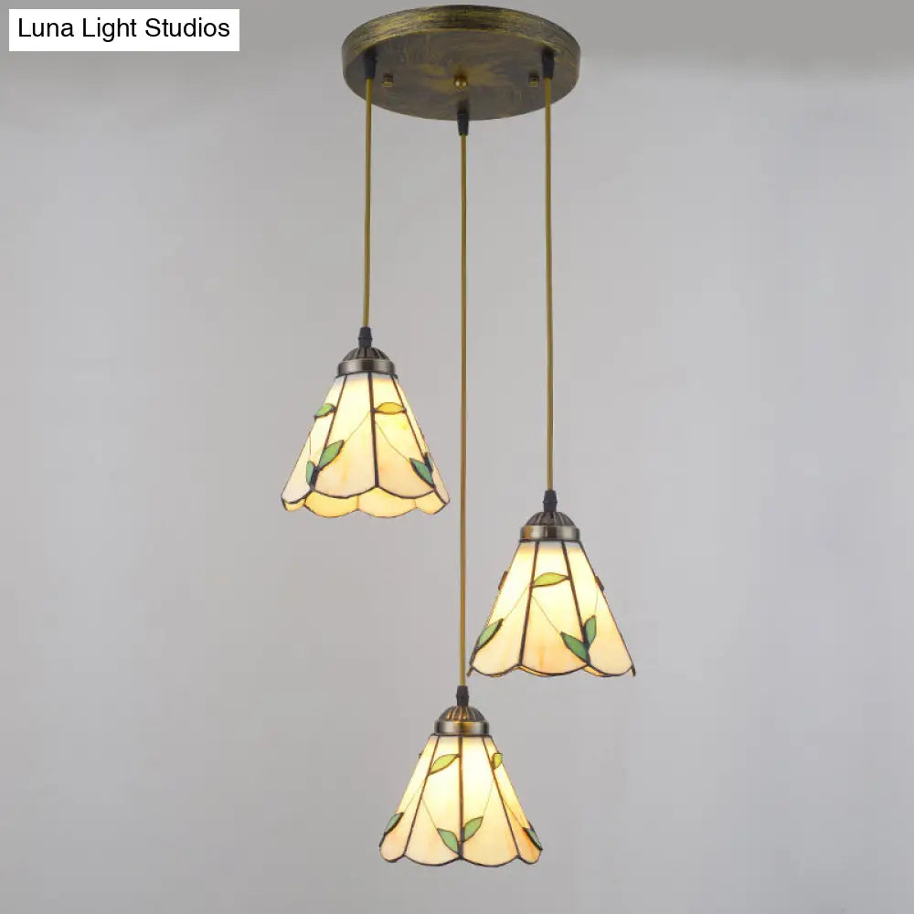 Beige Tiffany Stained Glass Suspension Lighting - 3-Bulb Cluster Pendant for Dining Room