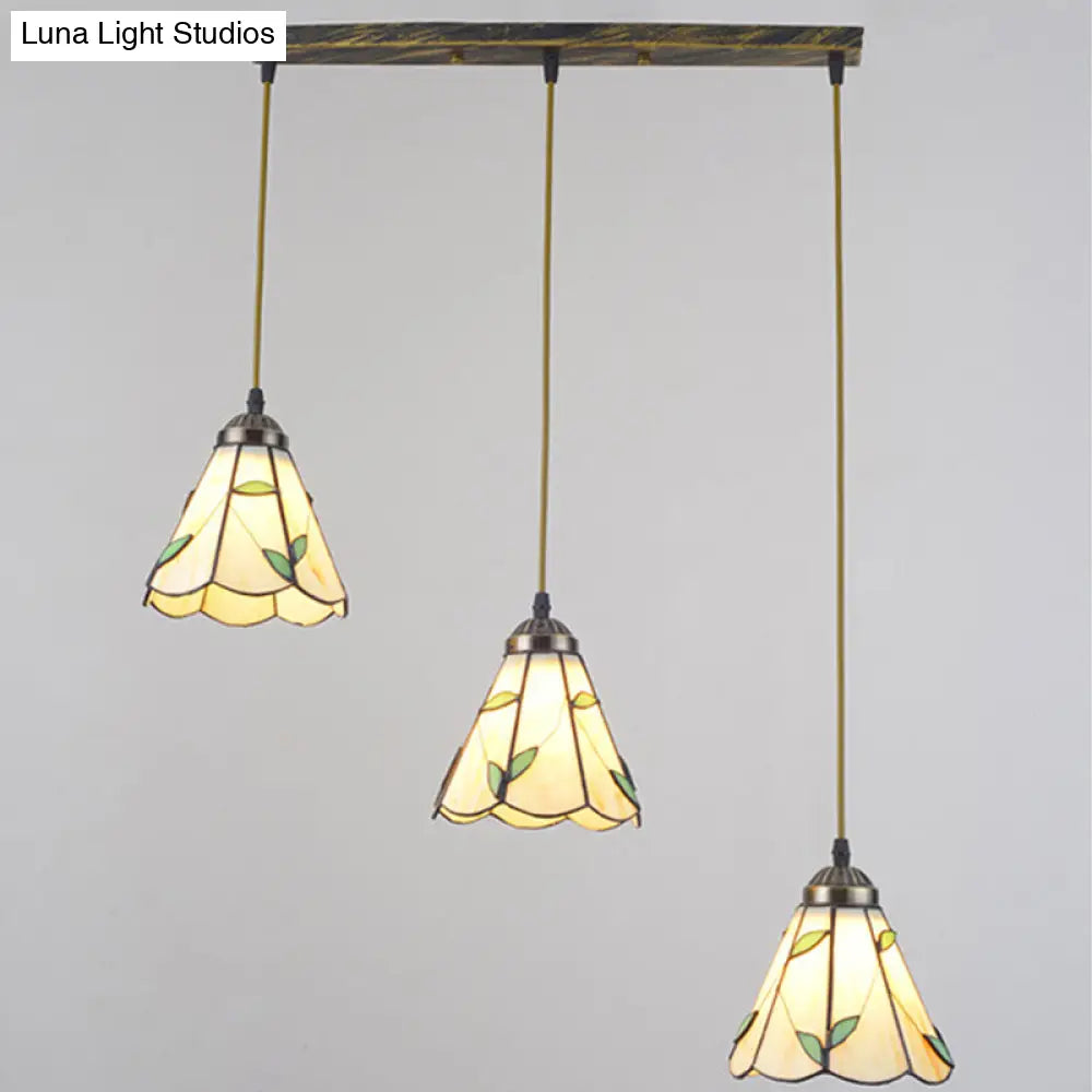 Beige Tiffany Stained Glass Suspension Lighting - 3-Bulb Cluster Pendant for Dining Room