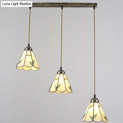 Beige Tiffany Stained Glass Suspension Lighting - 3-Bulb Cluster Pendant for Dining Room