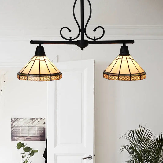 DecorBites™ Beige Tiffany Style Island Pendant Light with Stainless Glass Cone Shade - Elegant 2-Headed Hanging Ceiling Light